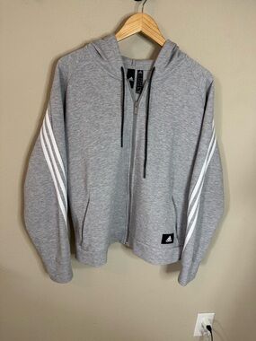 Adidas Gray Zip Up Hoodie 1X Plus Size 3 Stripe Lightweight Jacket